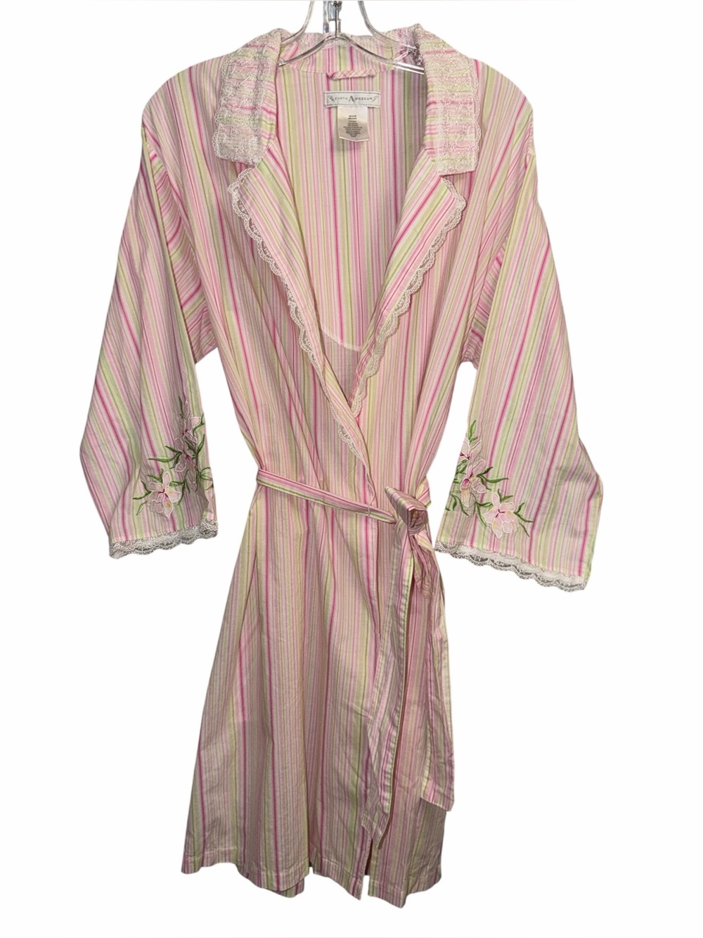 Vintage Striped Pink & Cream Women's Embroidered Tie-Waist Robe